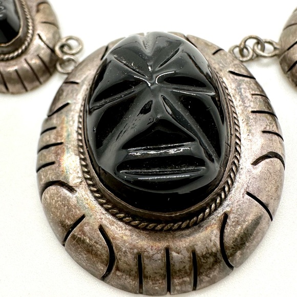 🔥 Vintage Tribal Aztec Mask Black Obsidian Silver Necklace - Picture 6 of 17